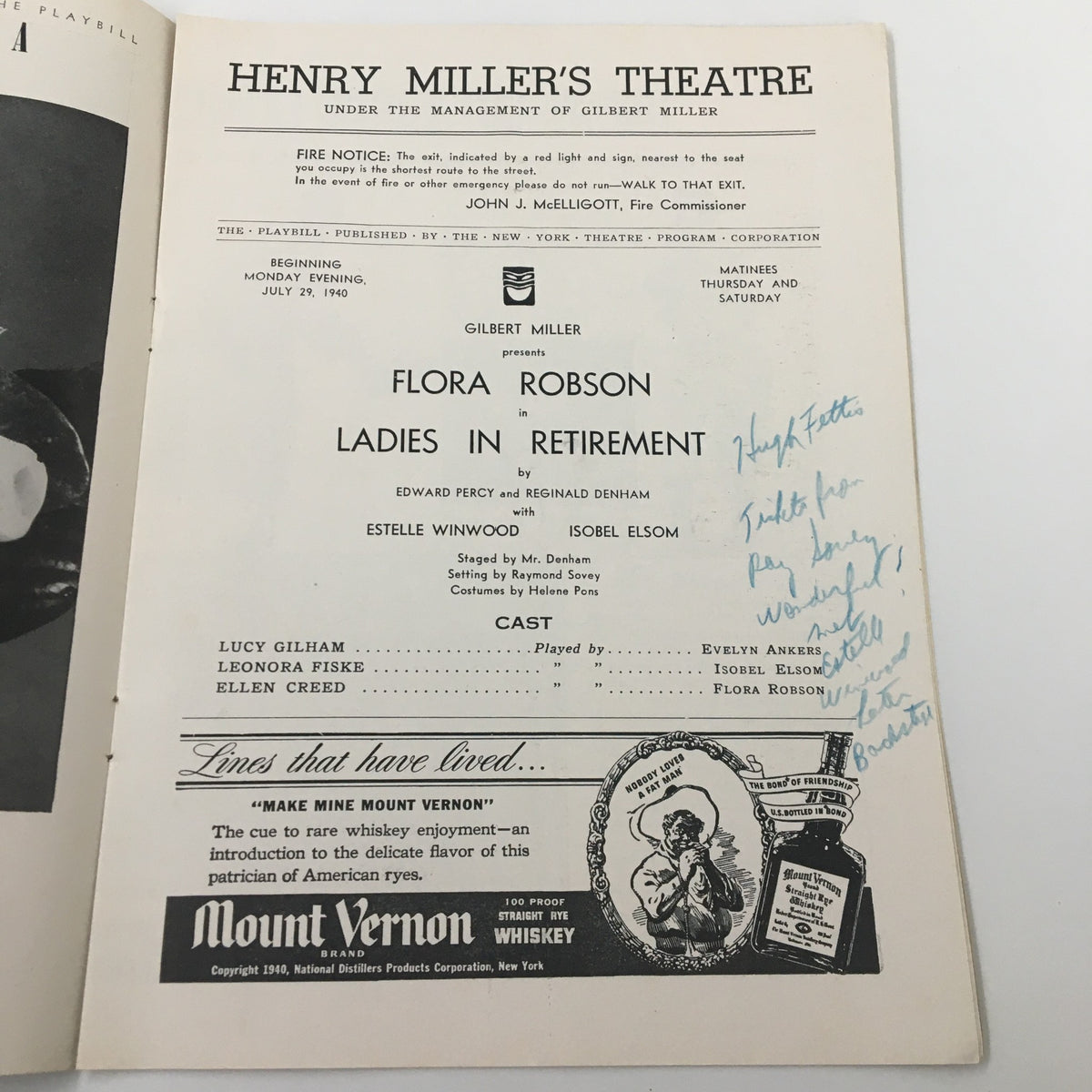 Interior page of the 1940 Playbill for Henry Miller's Theatre, listing Flora Robson in 'Ladies in Retirement' along with the cast details and handwritten notes.