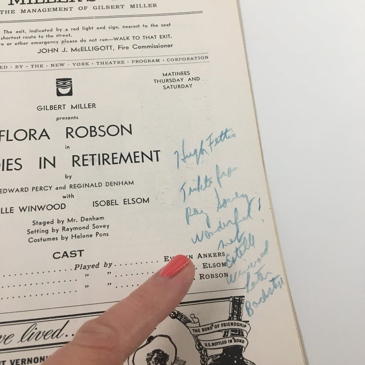 Close-up of the interior page from the 1940 Playbill at Henry Miller's Theatre, showcasing handwritten notes and cast details for Flora Robson in 'Ladies in Retirement'.