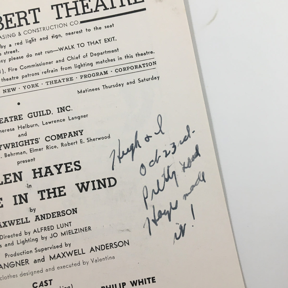 1941 Playbill Sam S. Shubert Theatre Helen Hayes in Candle In The Wind