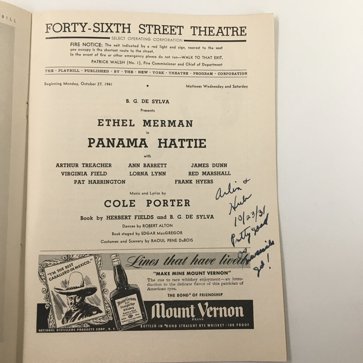 1941 Playbill for Ethel Merman in Panama Hattie at the Forty-Sixth Street Theatre, featuring cast list and production details.