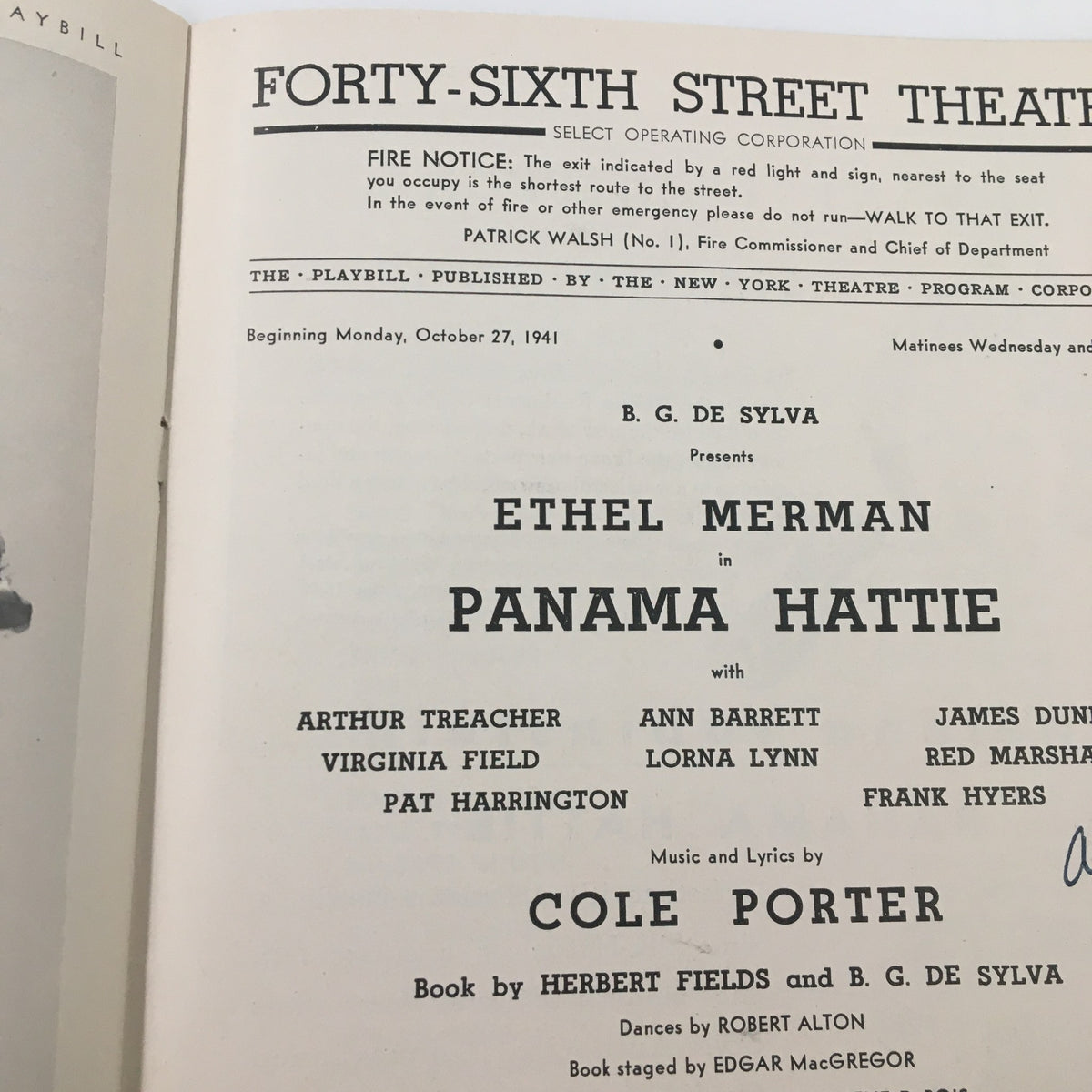 Another view of the 1941 Playbill for Ethel Merman in Panama Hattie at the Forty-Sixth Street Theatre, highlighting the title and cast.