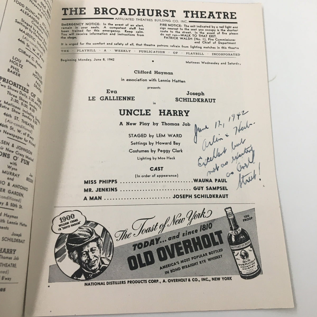 Interior of the 1942 Playbill for The Broadhurst Theatre showing the cast and credits for Uncle Harry by Thomas Job, with handwritten notes.