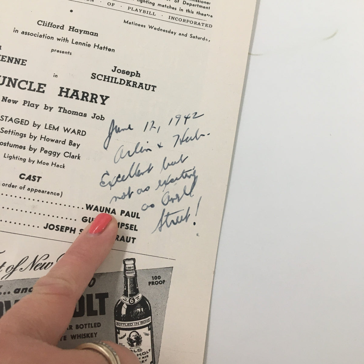 Detail of a handwritten note on a 1942 Playbill for Uncle Harry at The Broadhurst Theatre featuring Eva La Gallienne and Joseph Schildkraut, highlighting the cast and performance details.