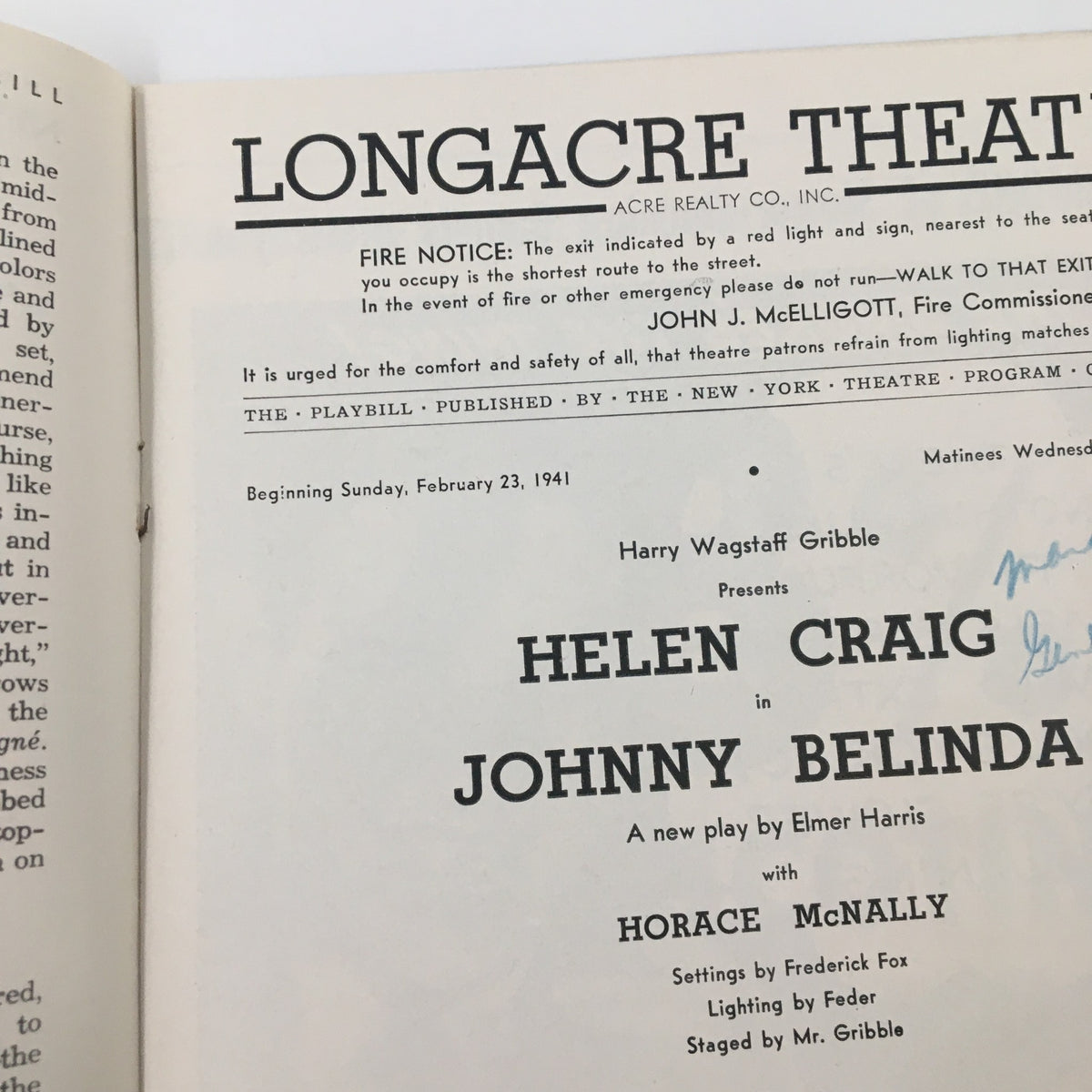 1941 Playbill from Longacre Theatre featuring Helen Craig in Johnny Belinda, a play by Elmer Harris. The image showcases the front cover with the title and production details, representing a significant piece of theatrical memorabilia.