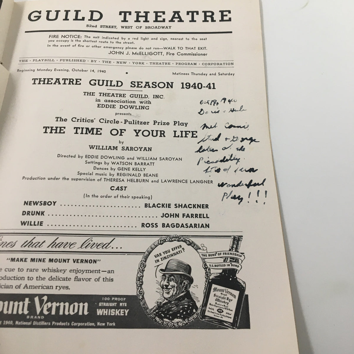 Interior page of the 1940 Playbill 'The Time of Your Life' by William Saroyan, showcasing cast details and handwritten notes.
