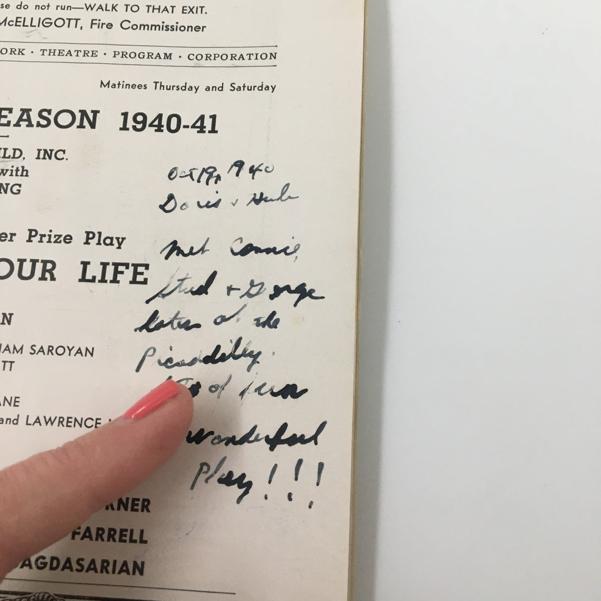 Close-up of handwritten notes on the interior page of the 1940 Playbill 'The Time of Your Life' by William Saroyan, reflecting audience feedback.