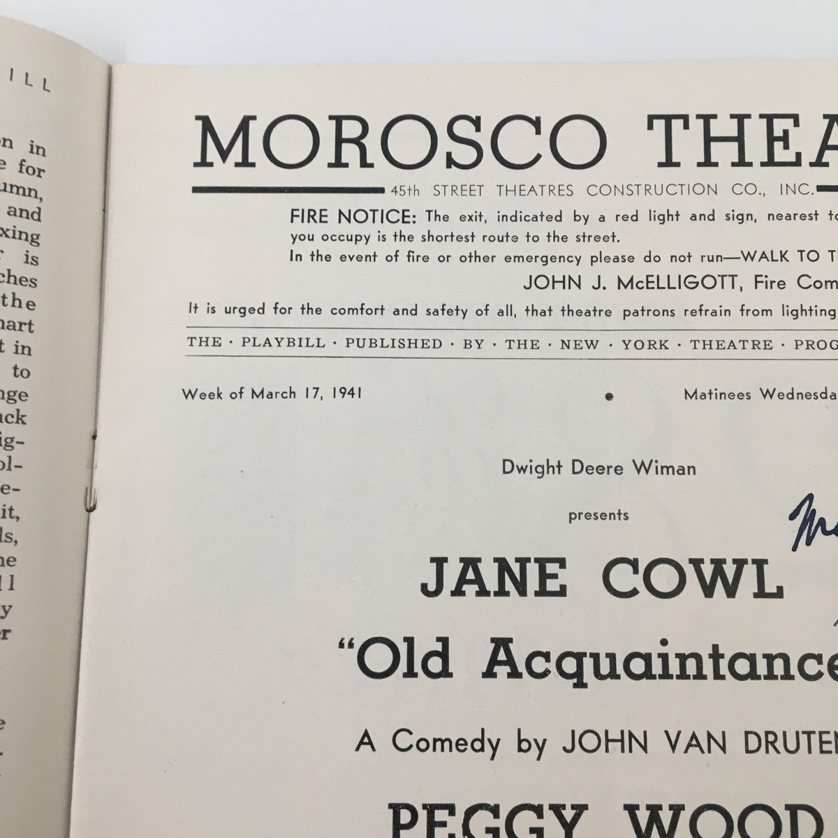 Interior page of the 1941 Playbill for Morosco Theatre presenting the title 'Old Acquaintance' with credits and a fire safety notice.