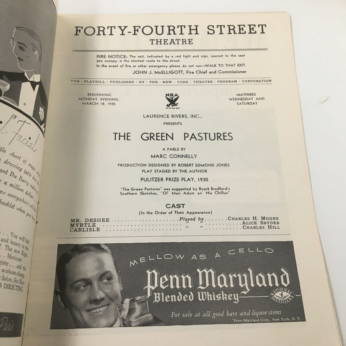 Inside page of the 1935 Playbill for The Green Pastures, detailing cast and production information.