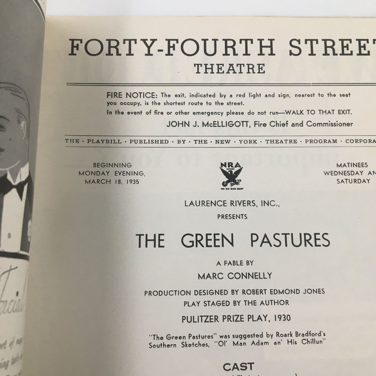 Another inside view of the 1935 Playbill for The Green Pastures, showcasing its vintage design and theater information.