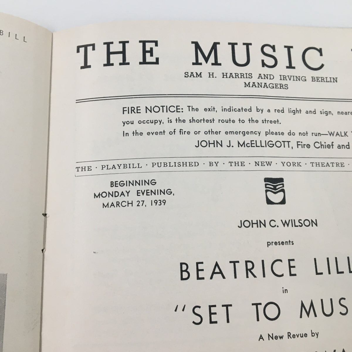 1939 Playbill for The Music Box featuring Beatrice Lillie in Set To Music by Noel Coward, highlighting performance details and theatrical information.