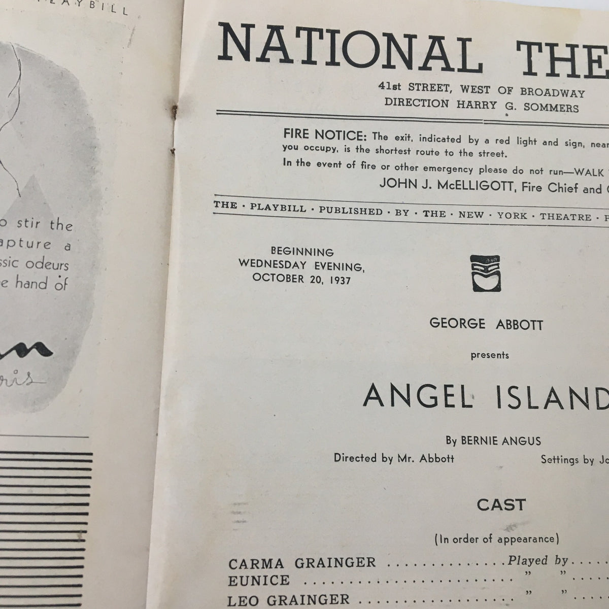 Cover page of the 1937 Playbill from the National Theatre presenting 'Angel Island' by Bernie Angus, detailing the production and cast, emphasizing its collectible value.