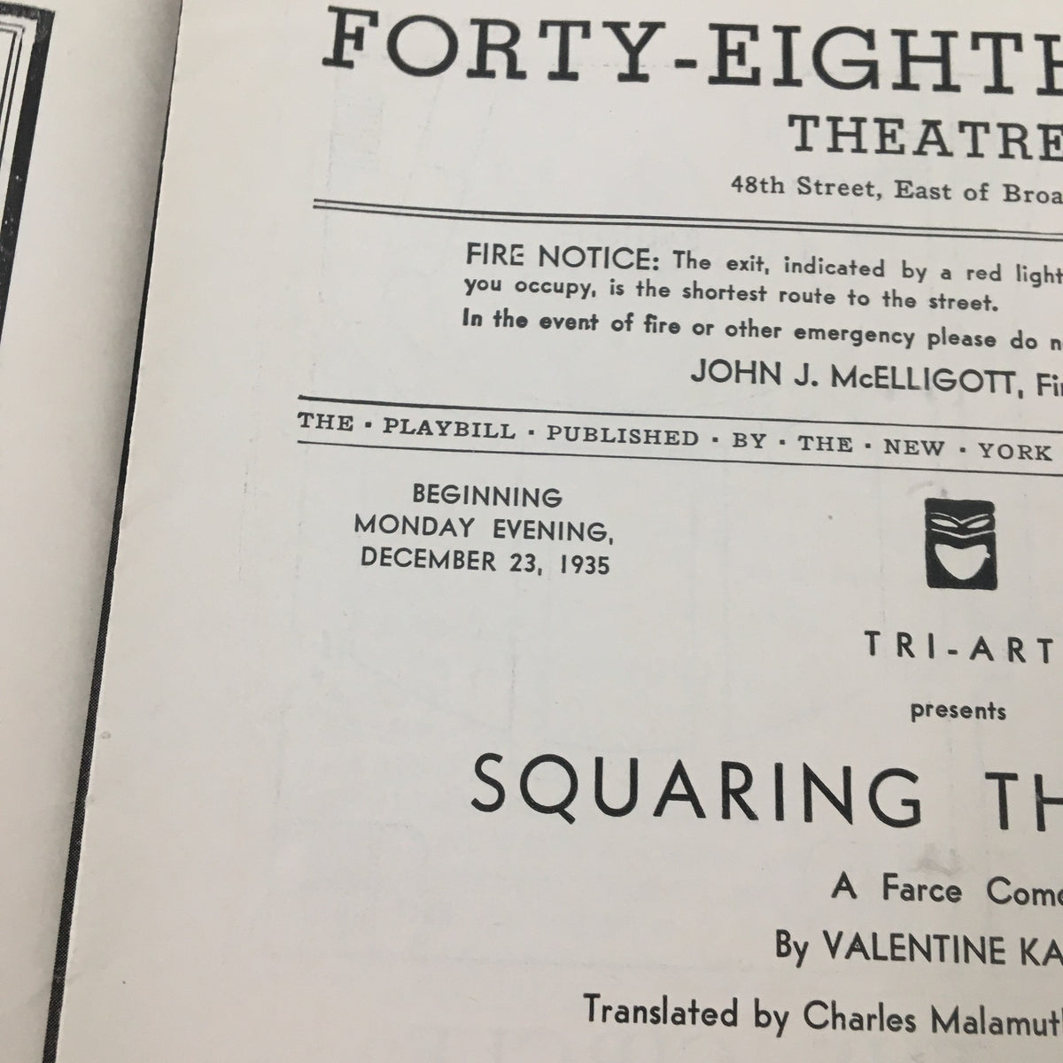 Vintage 1935 Playbill from the Forty-Eight Street Theatre for the production 'Squaring The Circle' by Valentine Katayev, showcasing the opening date and theater details. Perfect for collectors and theater enthusiasts.