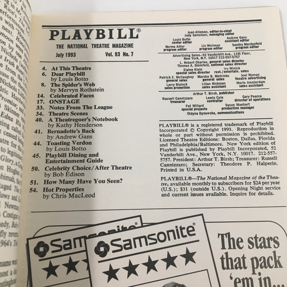 Inside page of the 1993 Playbill The Helen Hayes Theatre, listing articles and features including 'At This Theatre' and 'Dear Playbill', highlighting the July 1993 edition.