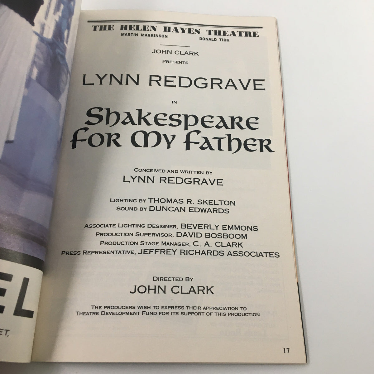 Detailed page from the 1993 Playbill The Helen Hayes Theatre presenting Lynn Redgrave's role in 'Shakespeare For My Father', including credits for lighting and sound.