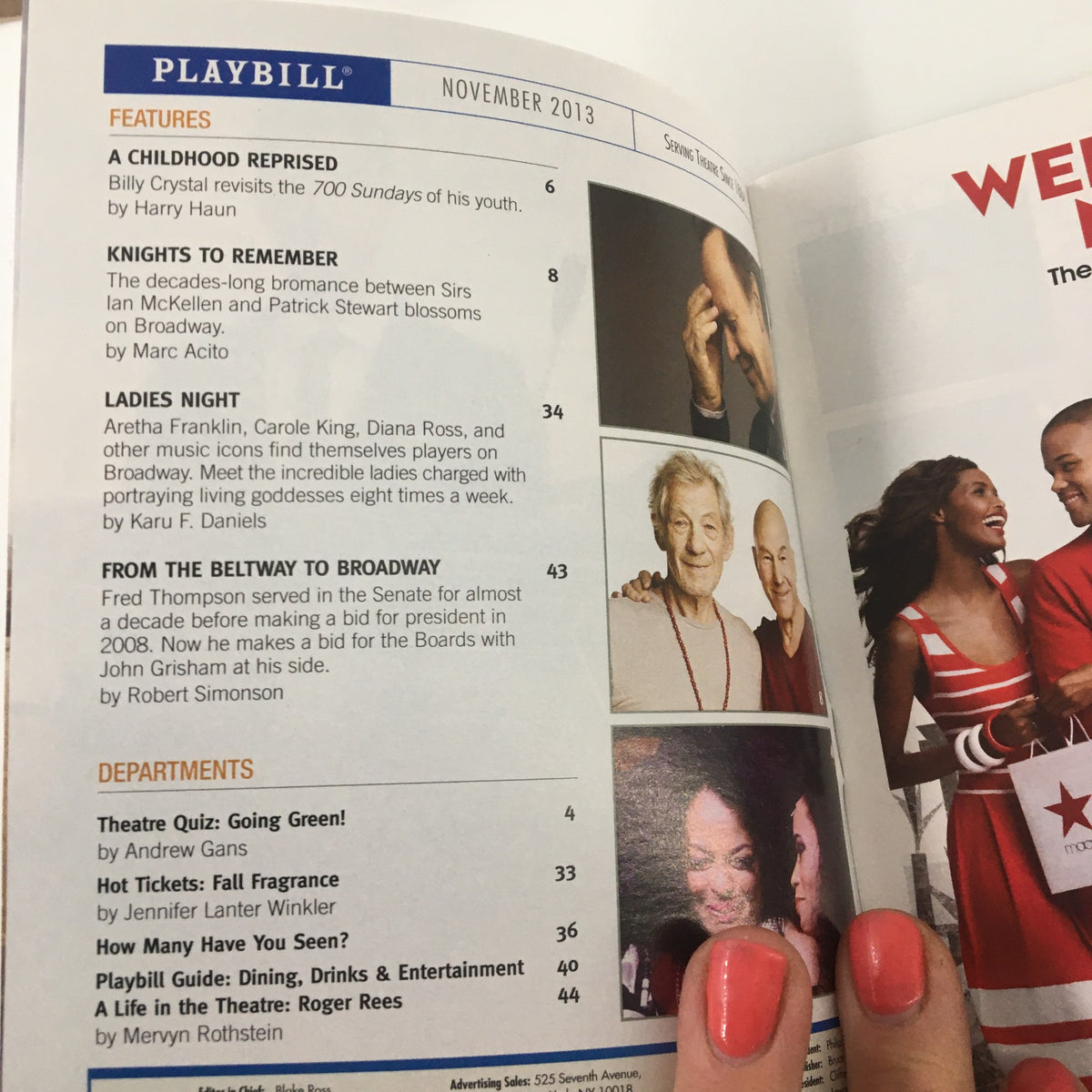 Inside page of the 2013 Playbill for The Snow Geese by Sharon White showing the contents list and articles featured in the November 2013 issue.