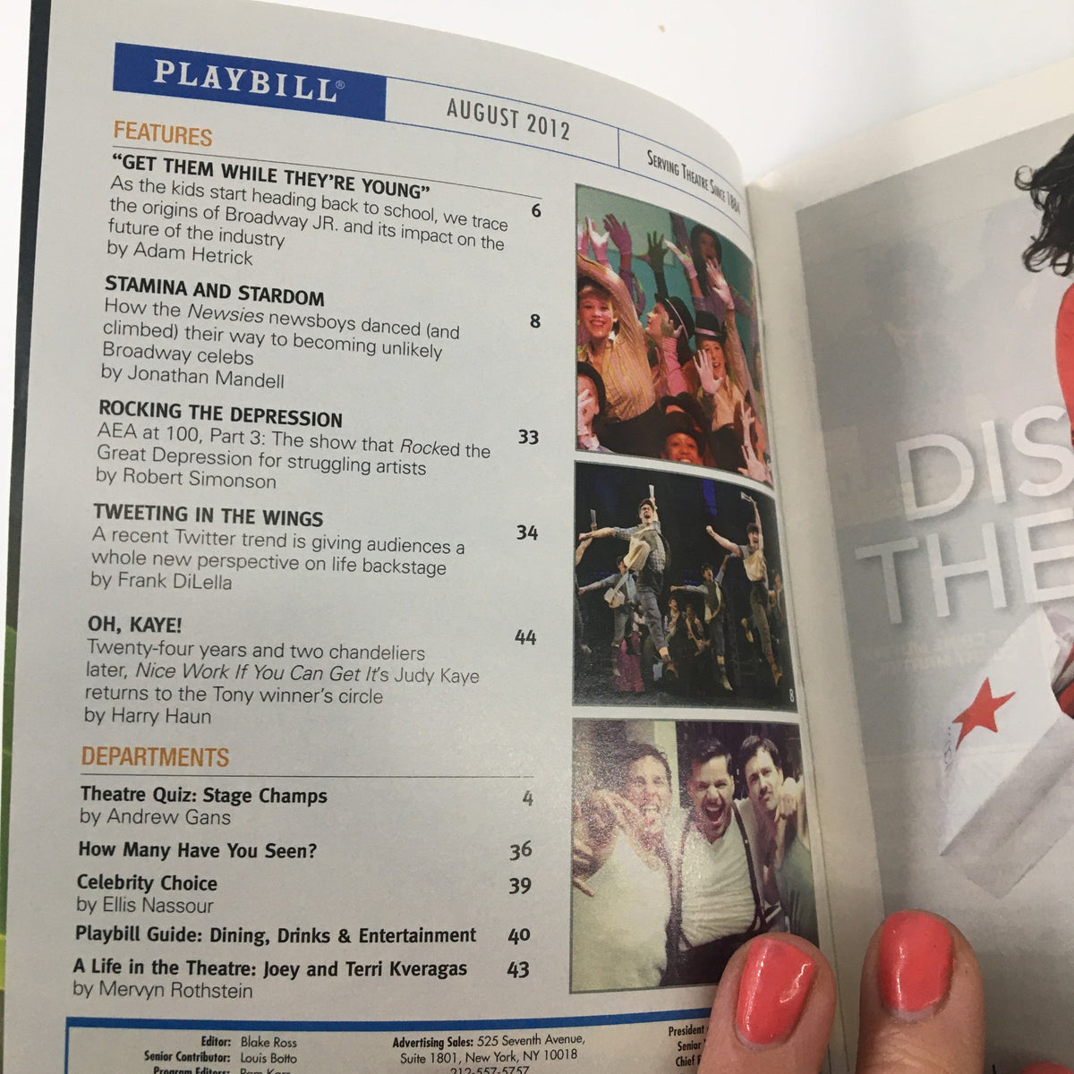 Interior pages of the 2012 Playbill for 'The Last Smoker in America,' showcasing an article about theater and performing arts.