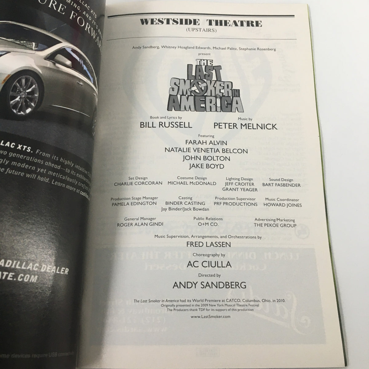 Program details from the 2012 Playbill for 'The Last Smoker in America,' including cast and crew information, along with the show's creative team.