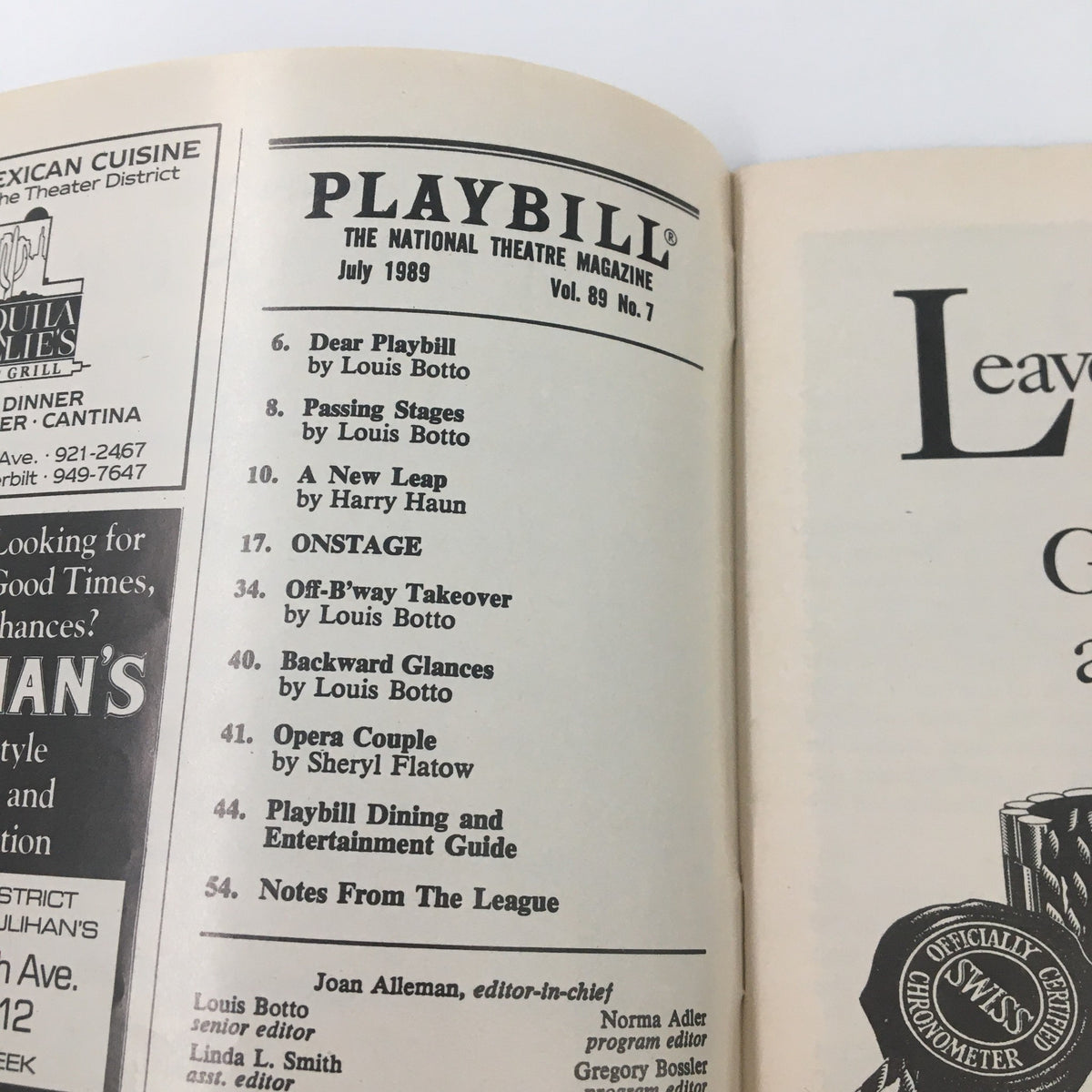 Interior page of the July 1989 Playbill showing content and articles, associated with The Kathy & Mo Show: Parallel Lives.