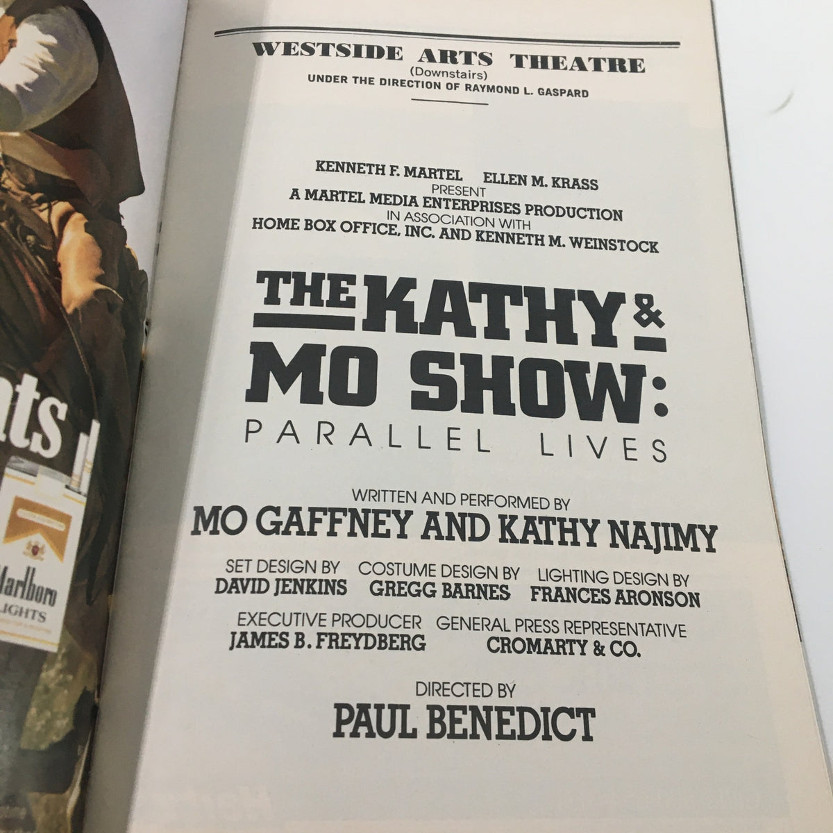 Another interior page featuring credits and production details for The Kathy & Mo Show: Parallel Lives from Westside Arts Theatre.