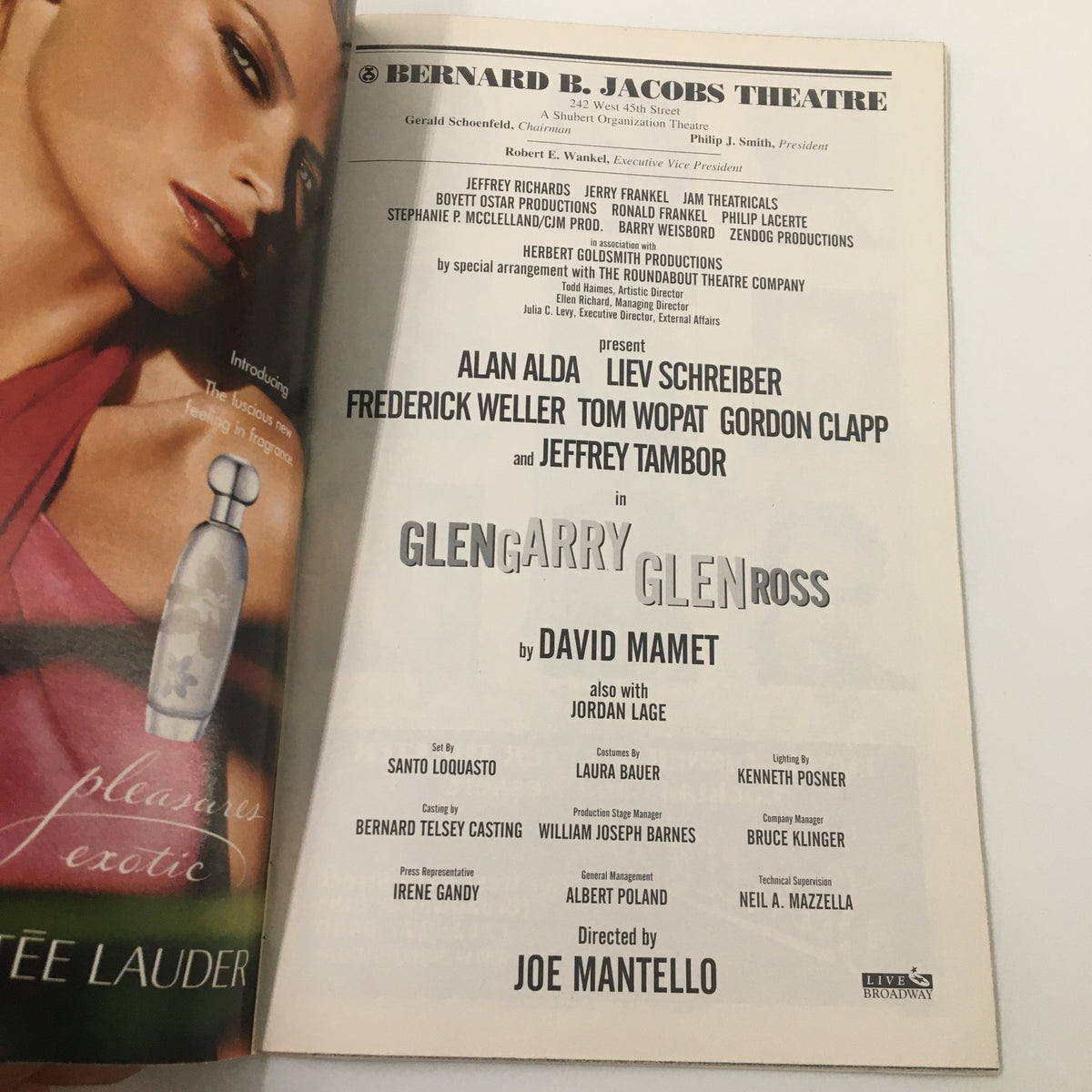 Back cover of the July 2005 Playbill for Glen Garry, Glen Ross starring Alan Alda and Liev Schreiber, showcasing the theatre credits and production details.
