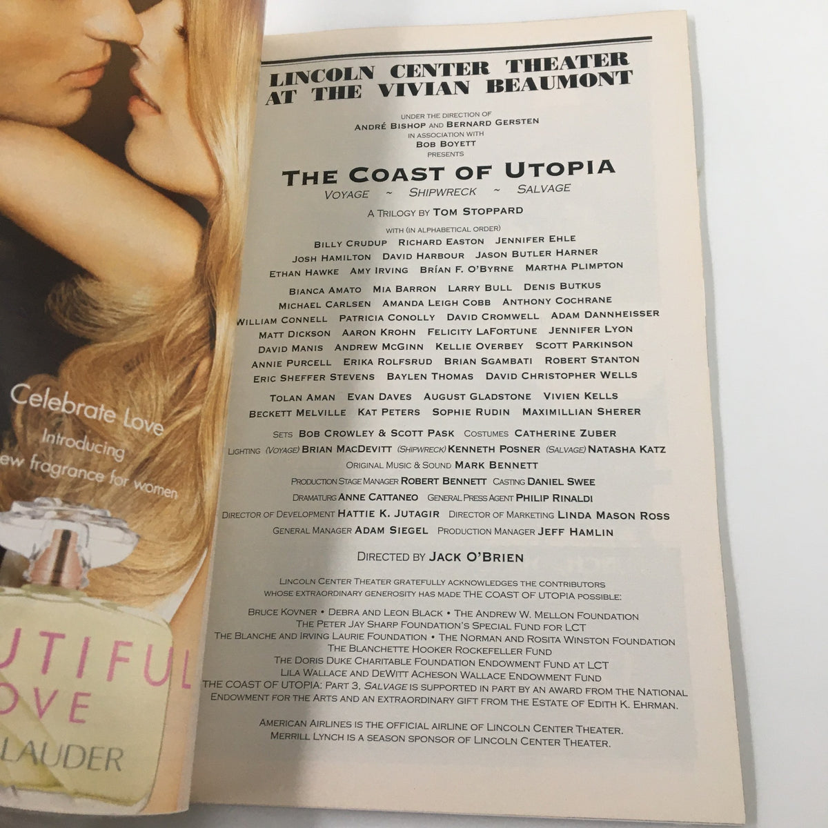 2007 Playbill Lincoln Center Theater The Coast of Utopia, highlighting the cast and crew details on a dedicated page directed by Jack O'Brien.
