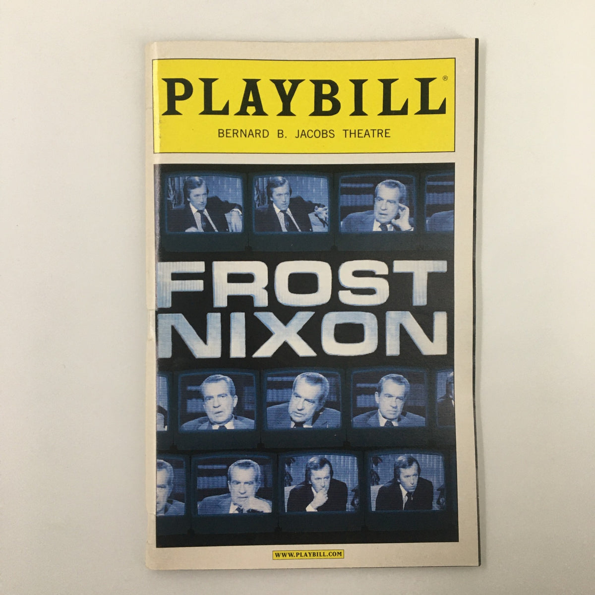 2007 Playbill for Frost Nixon at the Bernard B. Jacobs Theatre featuring a striking cover image showcasing iconic interview scenes from the play.