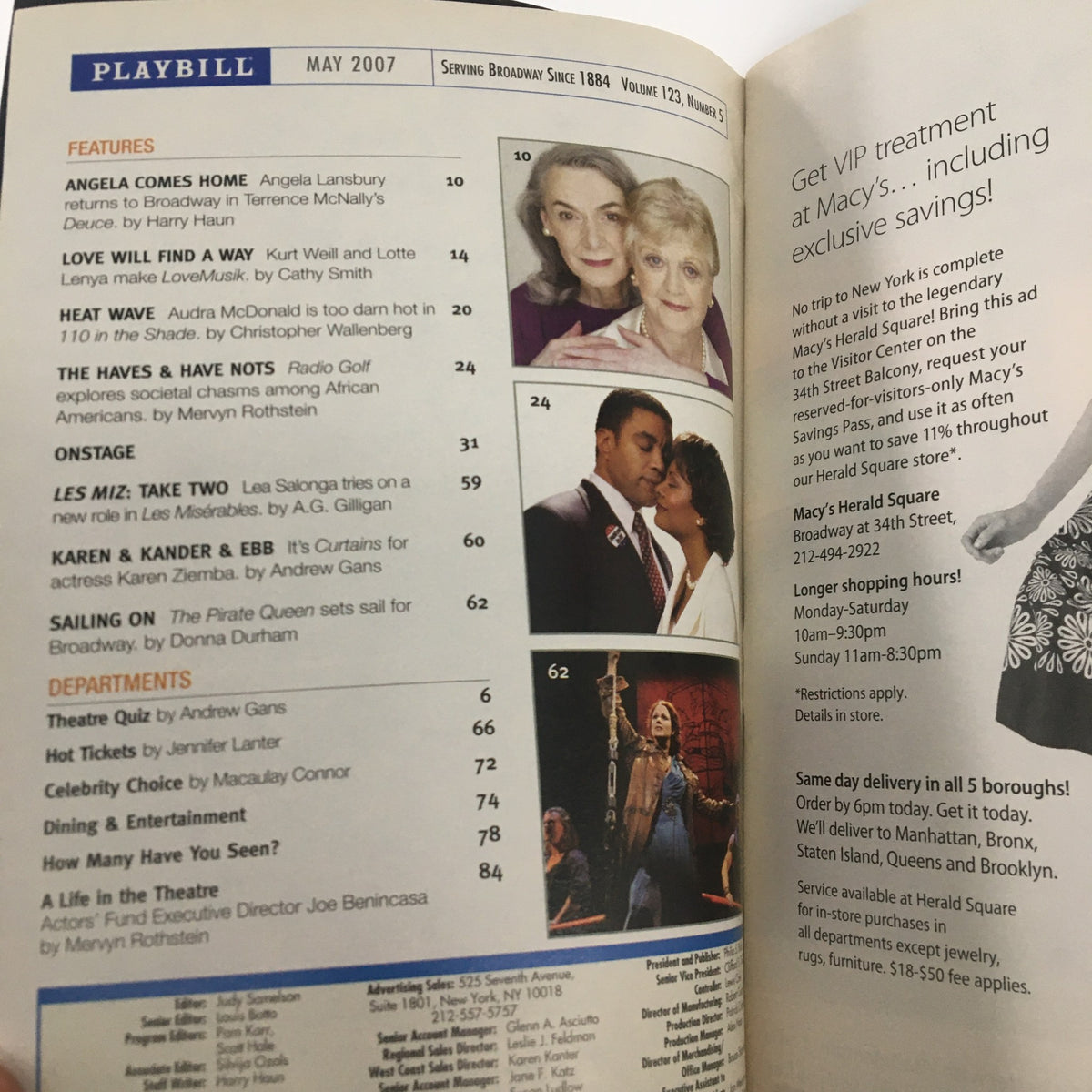 Interior page of the 2007 Playbill for Frost Nixon, displaying the May 2007 edition details, including a list of featured performances and articles.