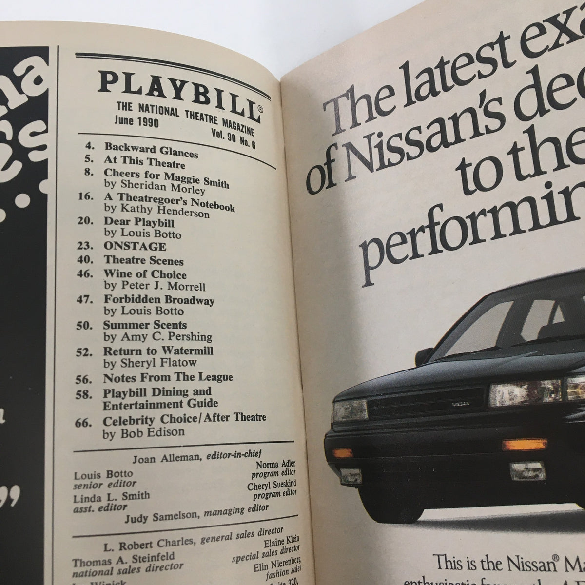Inside page of the 1990 Playbill for The Grapes of Wrath featuring various theatre listings and an advertisement for a Nissan vehicle.
