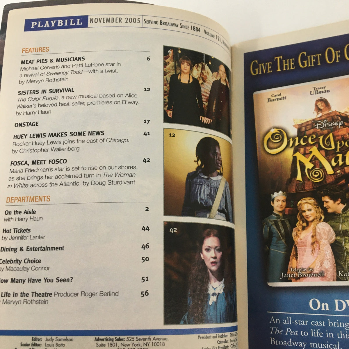 Inside page of the 2005 Playbill A Naked Girl On The Appian Way showcasing the table of contents, including features on cast and musicians.