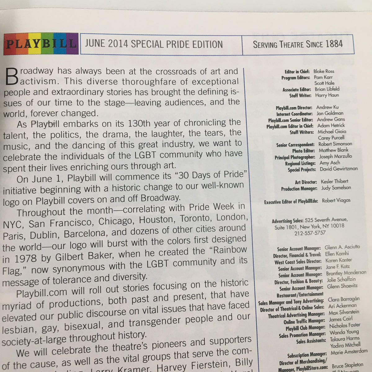 June 2014 special pride edition of Playbill, celebrating 130 years of chronicling theater with nods to the LGBTQ community.
