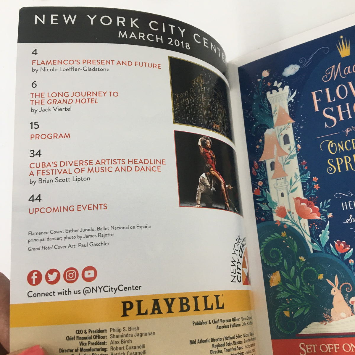 Inside page of the 2018 Playbill for 'Grand Hotel: The Musical,' featuring a list of events at New York City Center and colorful advertisements.