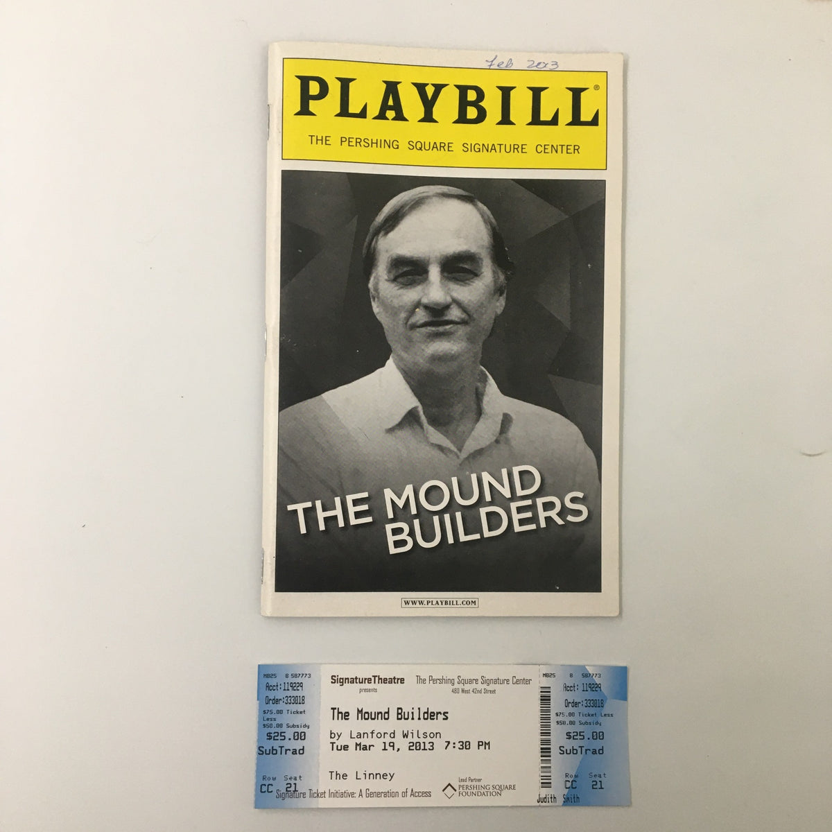 2003 Playbill for The Mound Builders at The Pershing Square Signature Center, featuring cover design and original ticket.