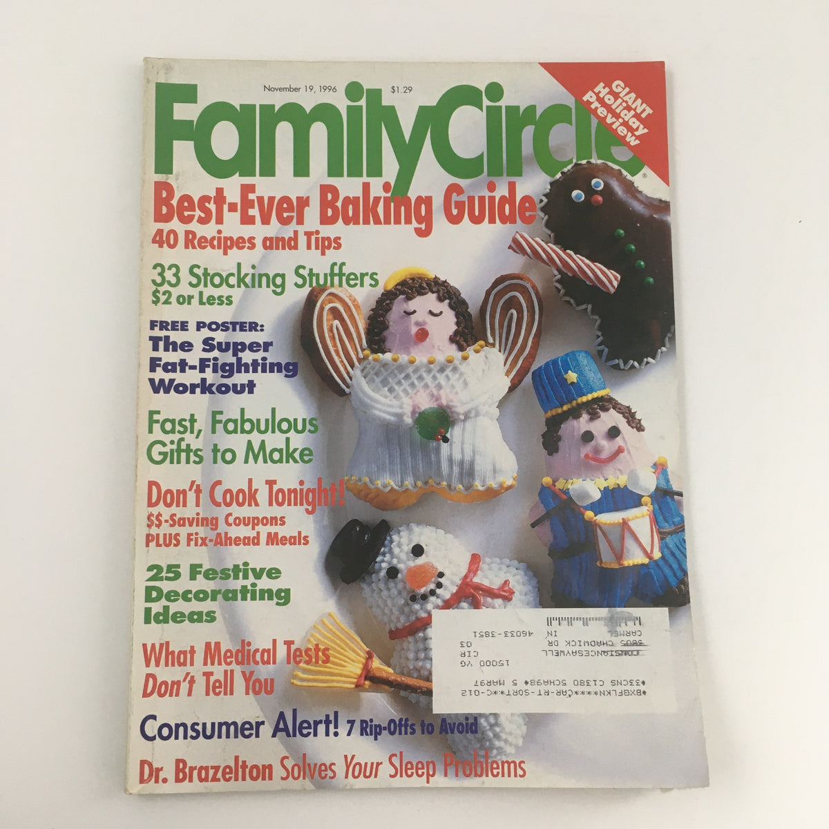Cover of Family Circle Magazine from November 19, 1996, featuring the title 'The Super Fat-Fighting Workout' along with highlights such as 'Best-Ever Baking Guide', holiday previews, and festive decoration ideas. This vintage publication represents the 1990s health and wellness culture.