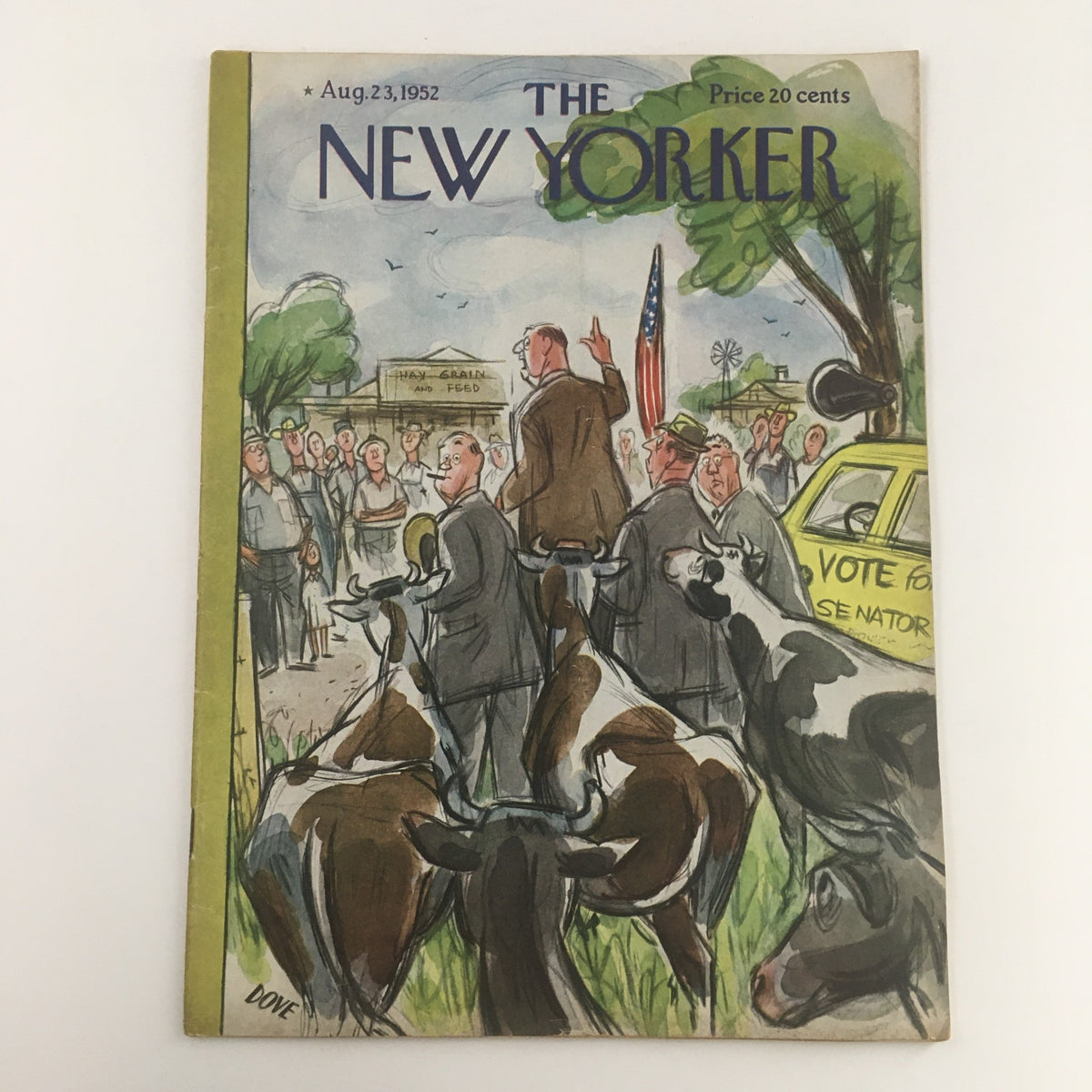 The New Yorker August 23 1952 Full Magazine Theme Cover by Leonard Dove featuring a colorful illustration with cows, a crowd, and political figures, showcasing a nostalgic representation of the early 1950s.