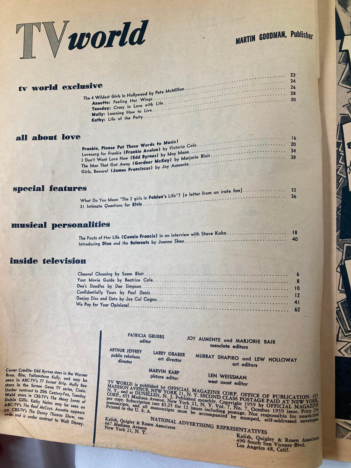 Inside page of VTG TV World Magazine October 1959 displaying table of contents with featured articles on classic television.