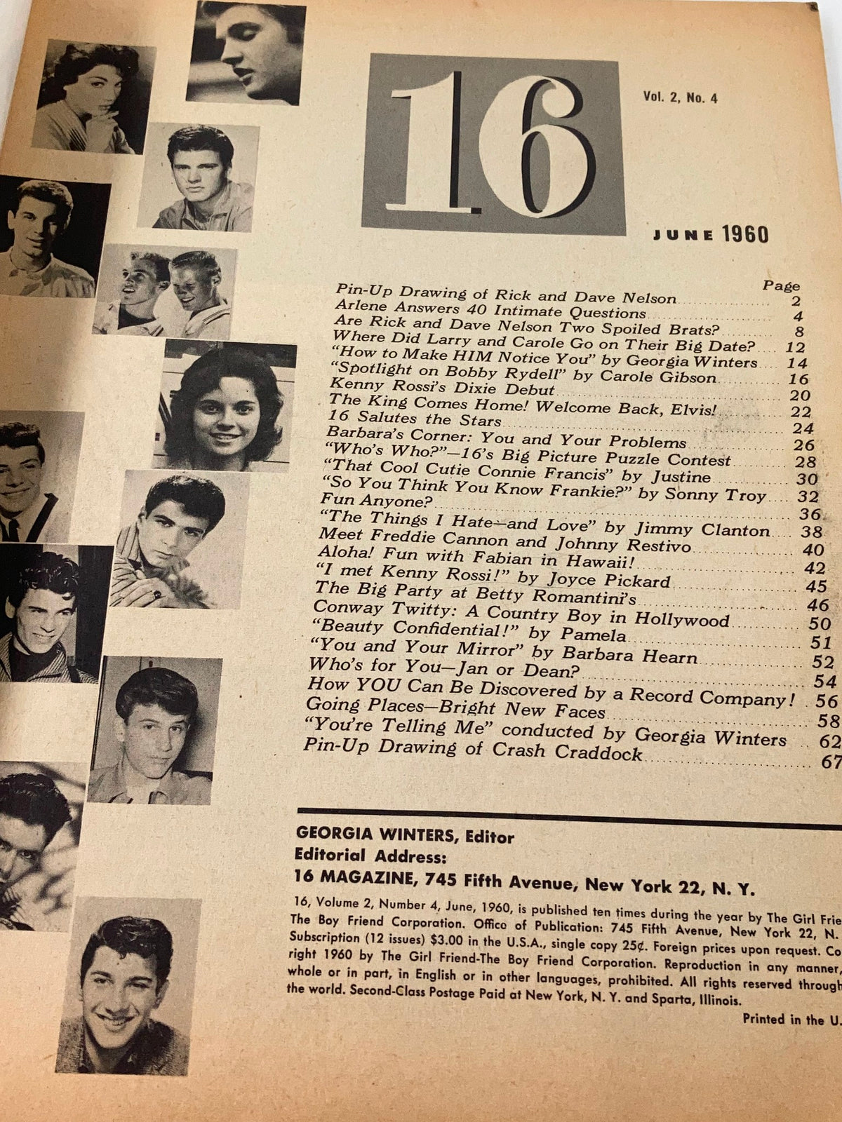 Inside page of VTG 16 Magazine June 1960 Vol 2 #4 displaying the table of contents and featured personalities from the era.