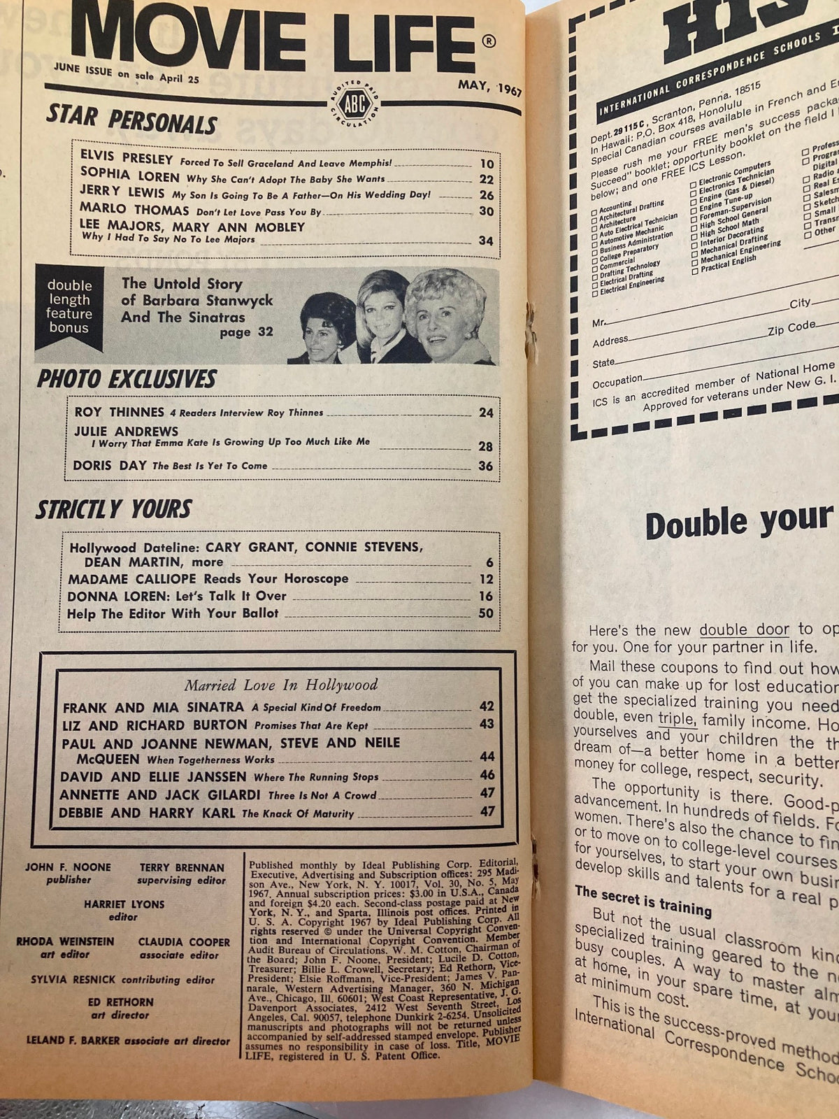 Inside page of VTG Movie Life Magazine May 1967 showcasing contents including articles on Frank and Mia Sinatra, Joanne and Paul Newman, and various star personals. Captures the essence of 1960s Hollywood glamour and film industry trends.