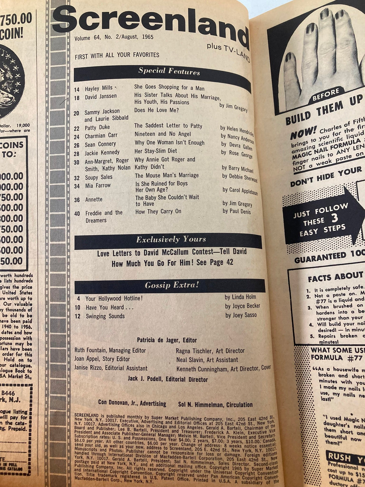 Inside page of the VTG Screenland Magazine August 1965, showcasing the table of contents and special features, including articles on Sean Connery and Mia Farrow.
