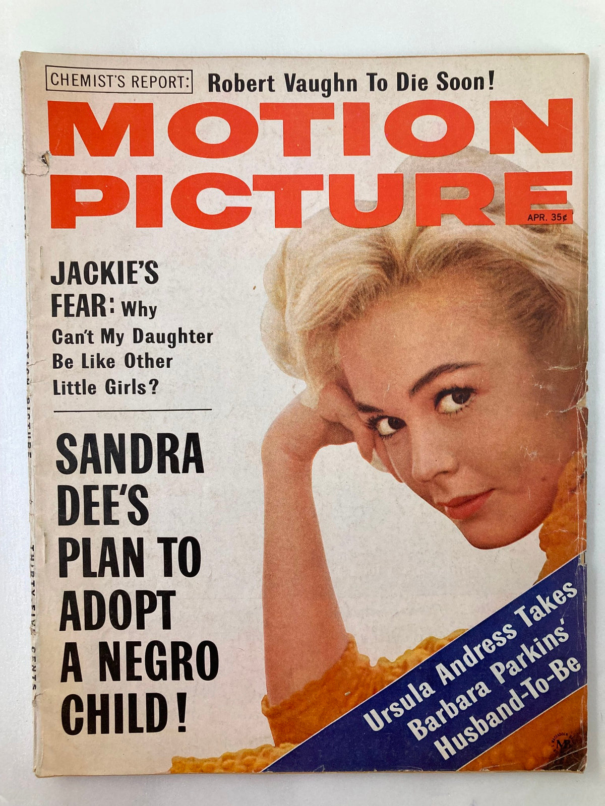 VTG Motion Picture Magazine April 1966 featuring Sandra Dee on the cover with bold headlines including topics about Jackie Kennedy and Ursula Andress.