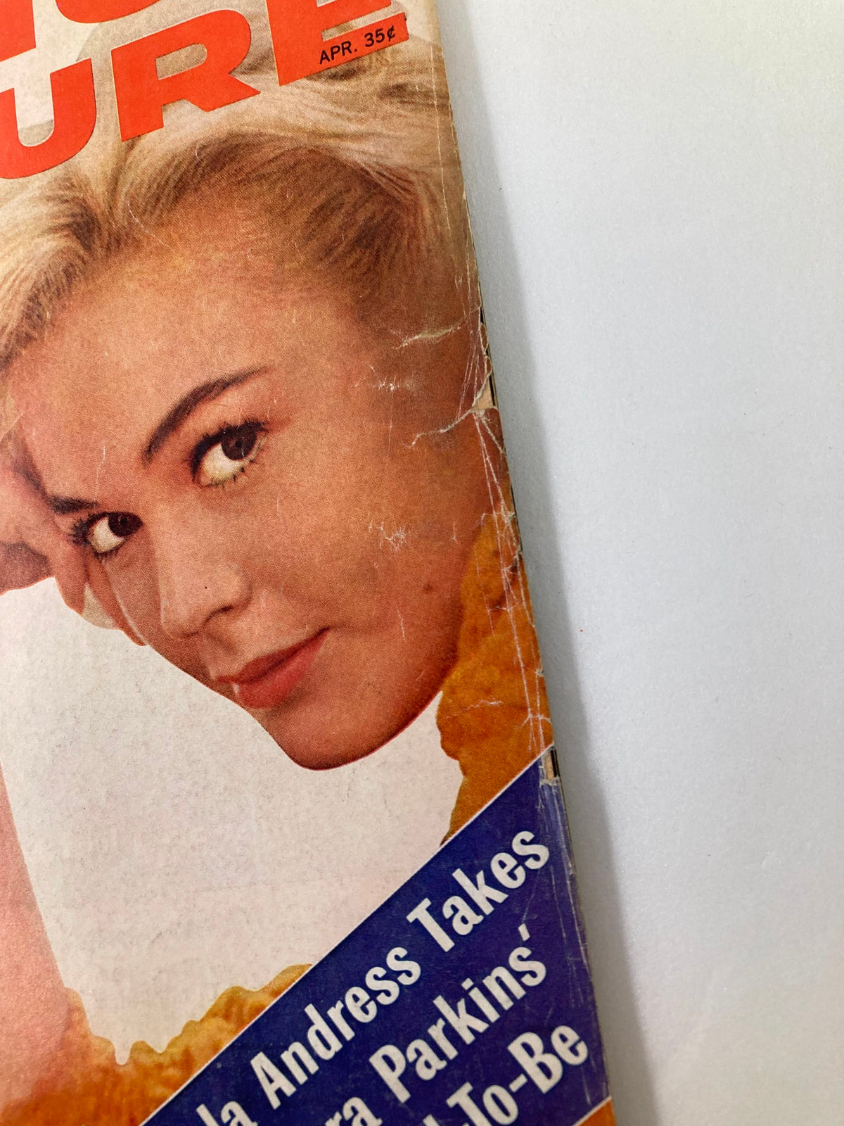 Close-up of the VTG Motion Picture Magazine April 1966 cover showcasing Sandra Dee, highlighting wear and vintage charm.