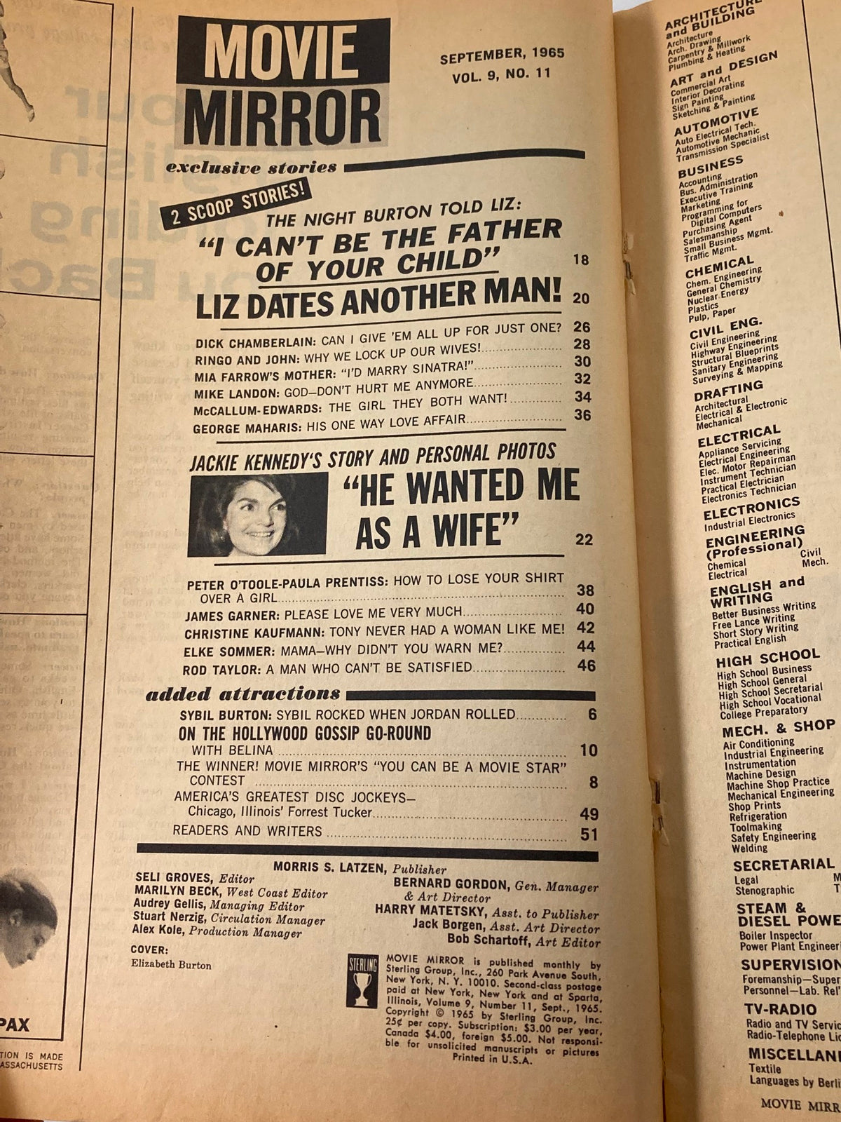 Interior page of the Vintage Movie Mirror Magazine September 1965 Vol 9 #11 showcasing the table of contents and features stories about various celebrities, including Elizabeth Burton.