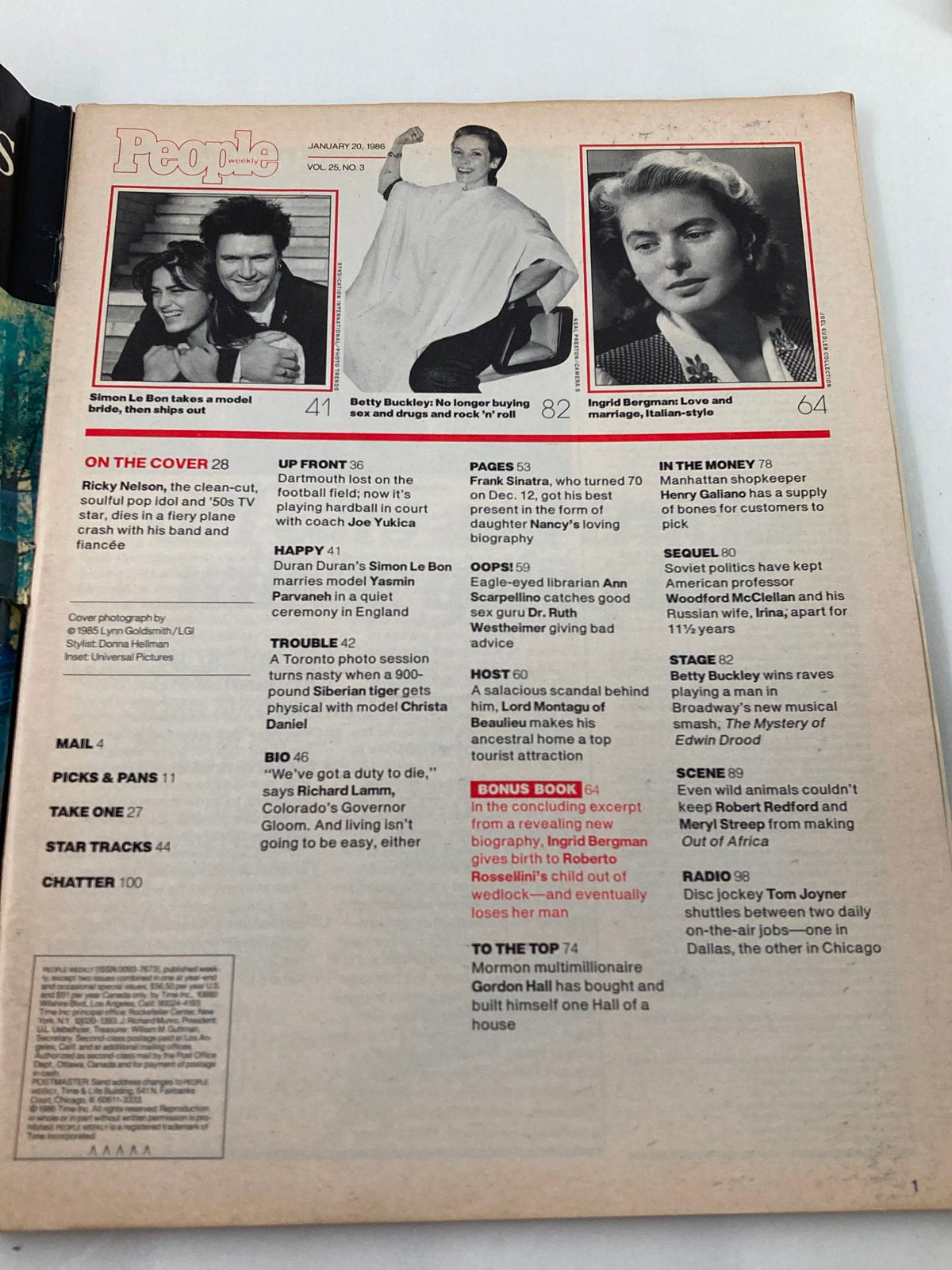 Inside page of VTG People Weekly Magazine January 20, 1986 Vol 25 #3, featuring table of contents and notable topics including Ricky Nelson.