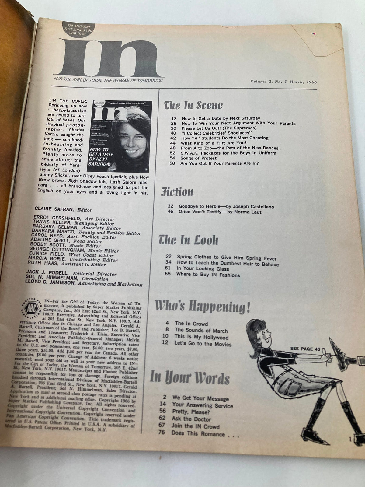 Inside page of VTG IN Magazine March 1966 displaying table of contents with articles including 'How to Get a Date by Next Saturday'.