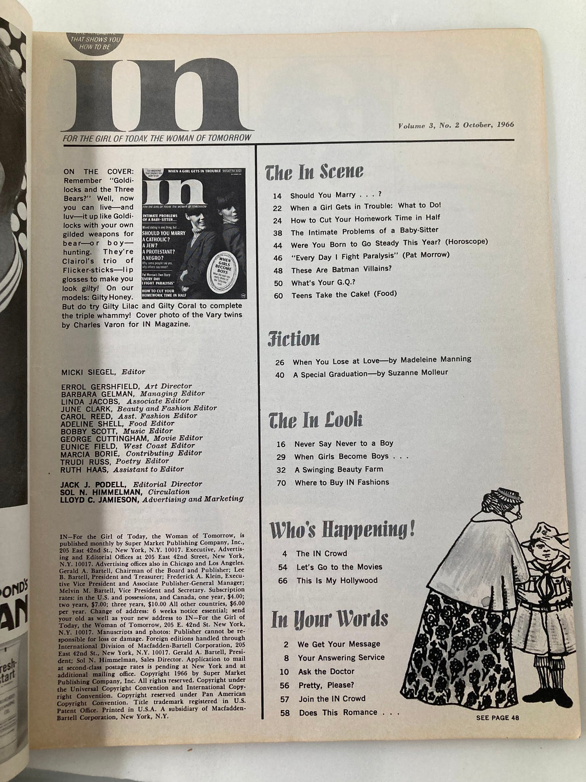 Interior page from VTG IN Magazine October 1966, showcasing the table of contents and various articles, highlighting the magazine's vintage appeal.