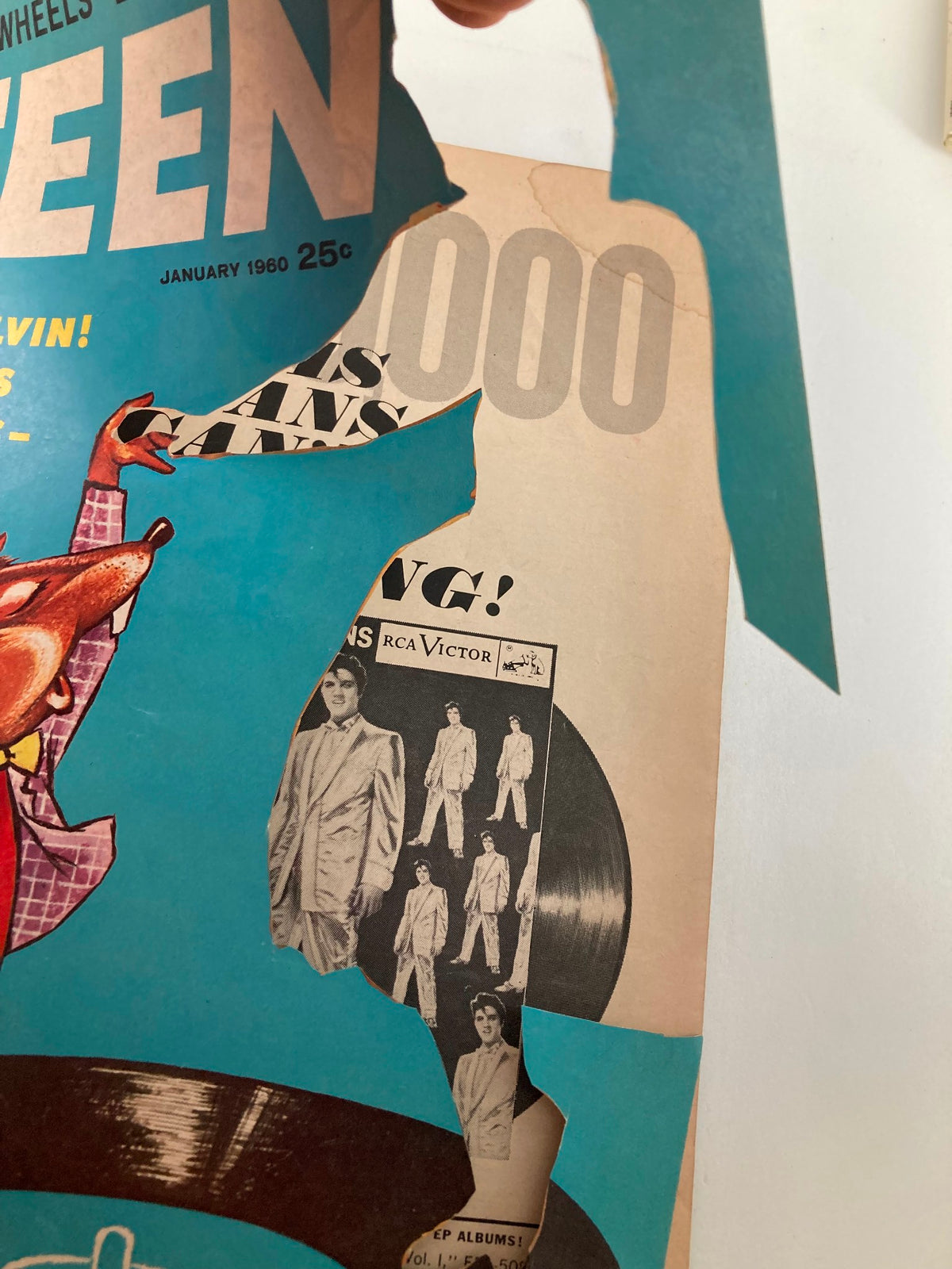 Close-up of the upper section of the VTG Teen Magazine January 1960 cover showing details and graphics, emphasizing Frani and Alvin.