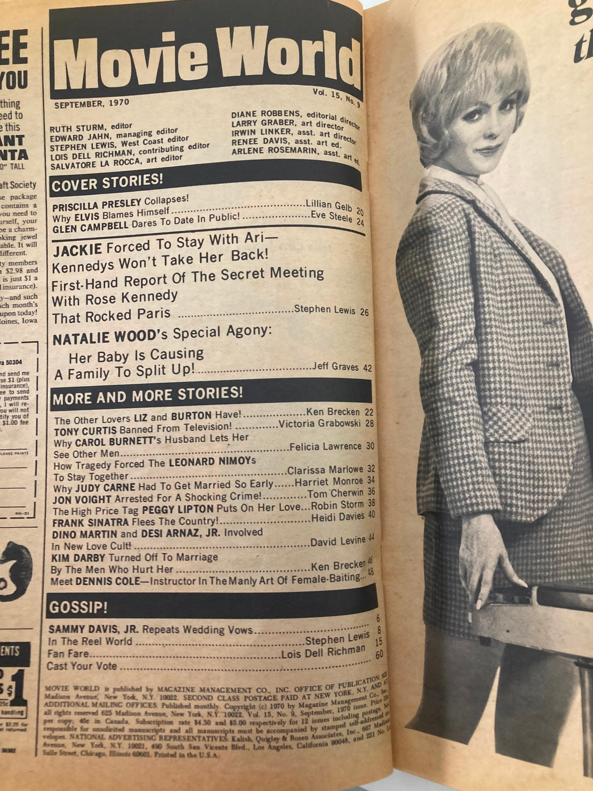 Page from Vintage Movie World Magazine September 1970 Vol 15 #9 featuring cover stories on Jackie Kennedy and other celebrities, showcasing articles and photographs from the 1970s cinema.