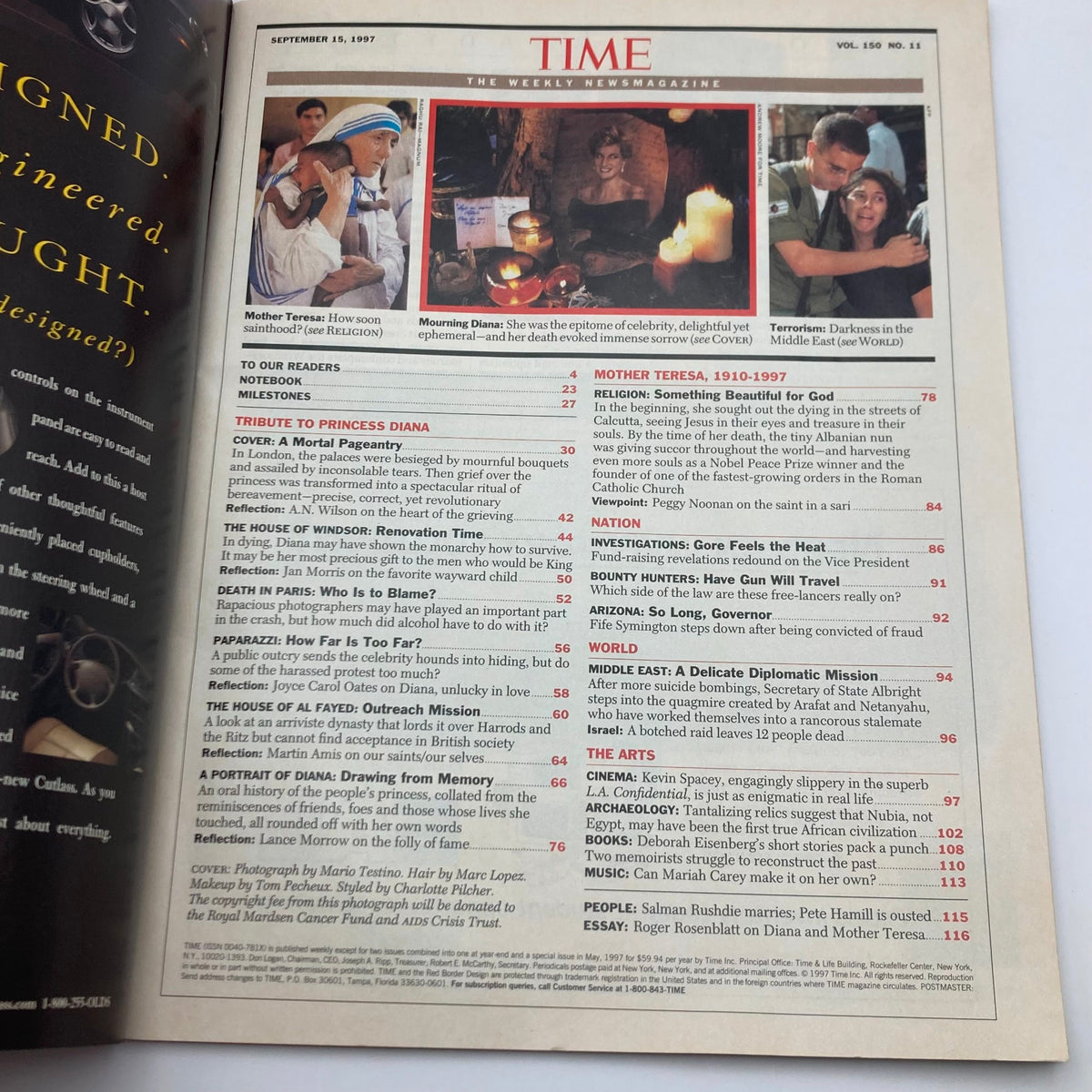 Inside page of Time Magazine September 15, 1997, detailing tributes to Princess Diana along with the magazine's features and articles.
