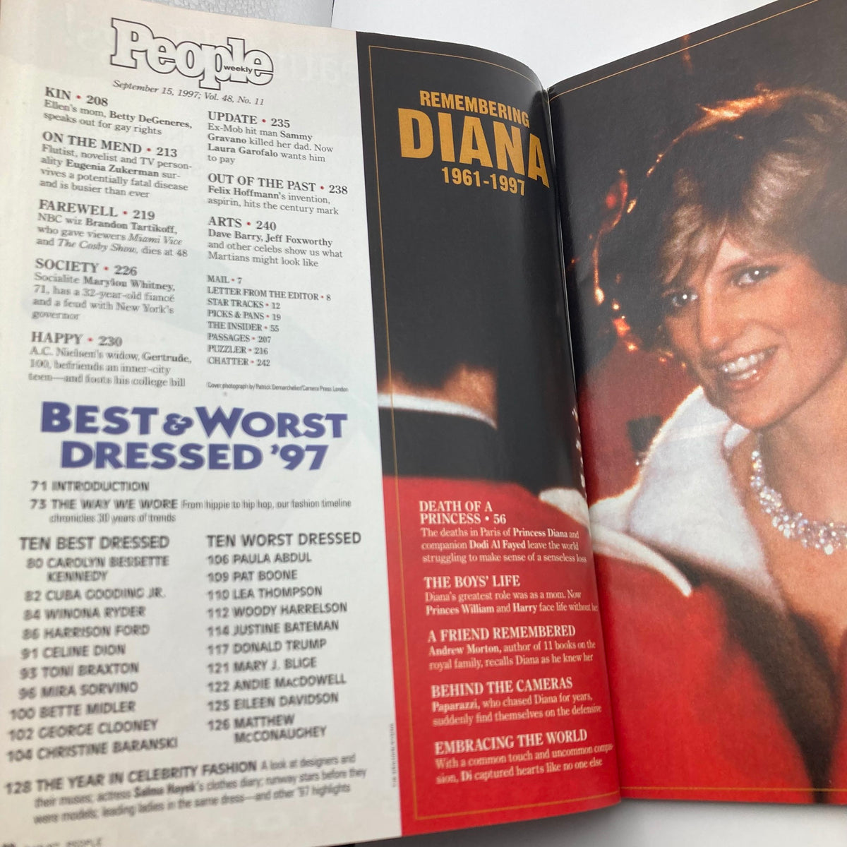 People Weekly Magazine September 15 1997 featuring coverage of the death of Princess Diana, including tributes and personal stories. Inside view showcasing the magazine's layout with chapter sections related to Diana's life and legacy.