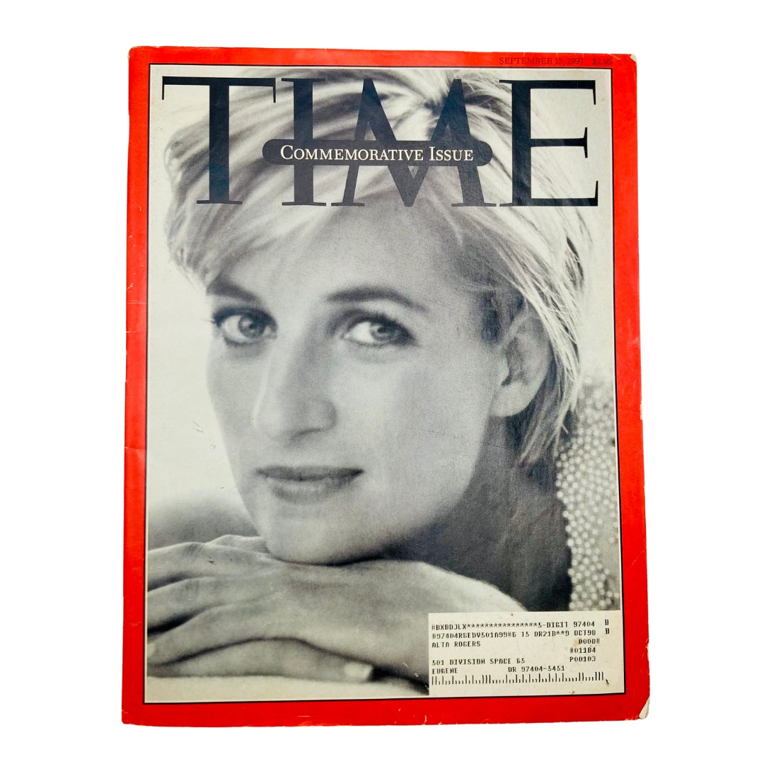 Time Magazine September 15, 1997, Princess Diana of Wales Commemorative Issue featuring a striking black and white photograph of Princess Diana on the cover.