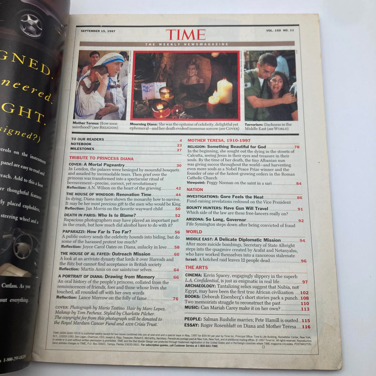 Inside page of Time Magazine September 15, 1997, showcasing the table of contents with articles and tributes related to Princess Diana of Wales.